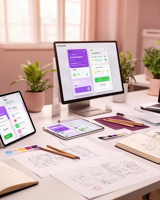 A clean, modern workspace with design sketches and screens showing habit tracking interfaces being developed at the A+ Daily Habit office in Hazle Township, Pennsylvania