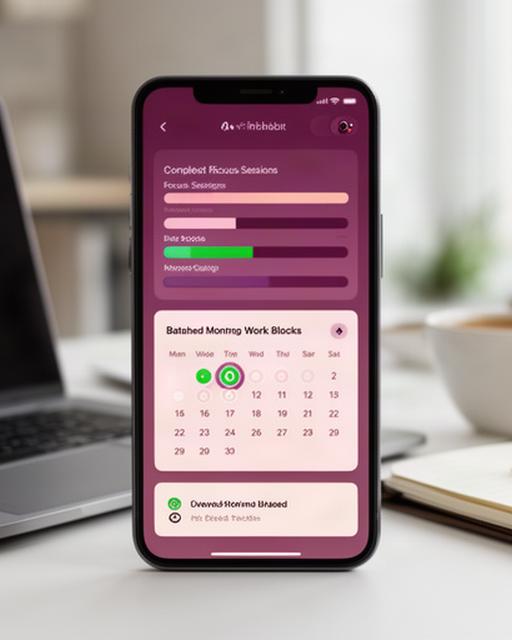 Dashboard view of a habit tracker showing deep work session progress bars, a streak calendar for focused work blocks, and a reminder preview panel for morning routines