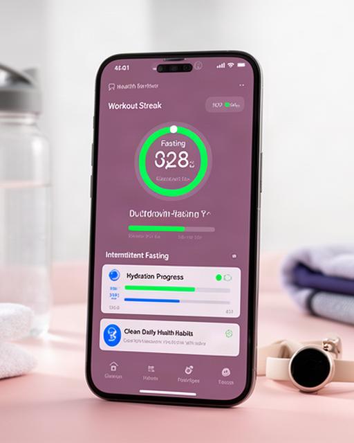 Smartphone showing a fitness habit tracker with workout streak calendar, fasting window countdown timer, and hydration progress bars in a clean dashboard layout