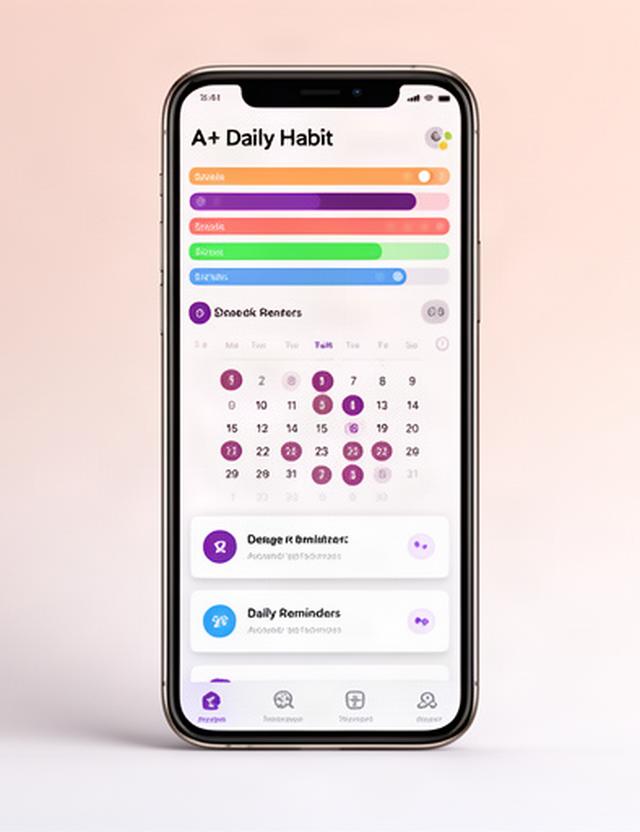 A+ Daily Habit mobile app dashboard showing colorful habit progress bars, a streak calendar with marked days, and daily reminder preview cards on a smartphone screen