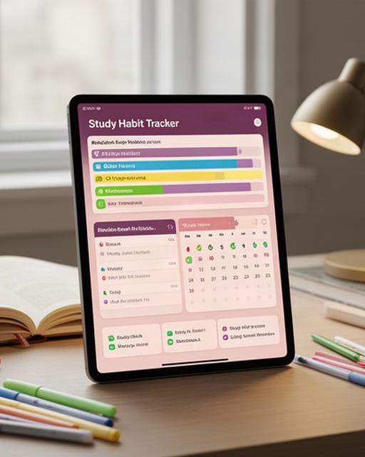 Tablet displaying a study habit tracker with subject progress bars for exam preparation, a revision streak calendar, and scheduled study block reminders